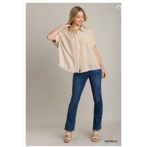 Umgee Tops - UMGEE - Linen Button Down Stripped Detail w/Chest Pocket & Unfinished Hem